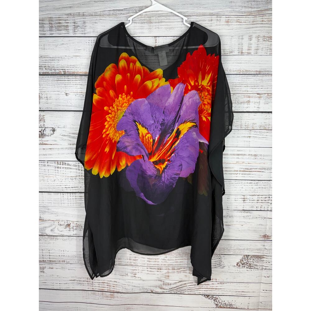 Susan Graver Black Floral Sheer Poncho Blouse Coverup Size 2X Purple Red Flowers - Picture 7 of 7